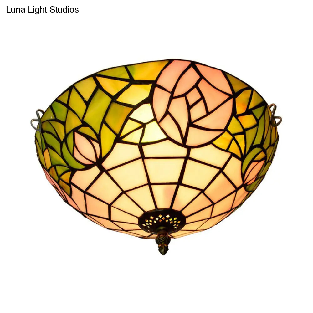 2-Head Tiffany-Style Stained Glass Rose Ceiling Flush Mount For Bedroom