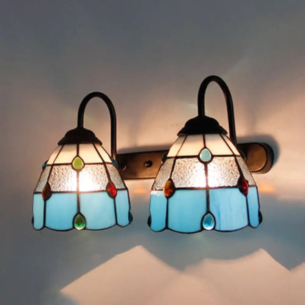 2-Head Tiffany White Grid Pattern Sconce With Agate Decoration - Wall Mounted Light Blue-Clear