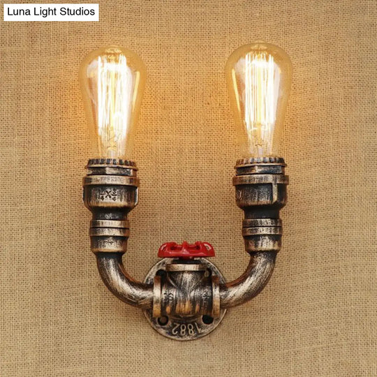 2-Head Wall Lighting In Warehouse Style: U-Shaped Wrought Iron Sconce With Aged Brass Pipe Fixture