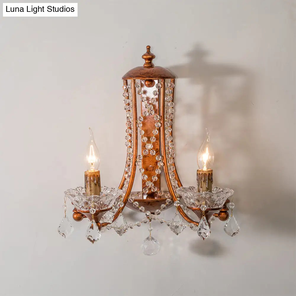 2-Head Weathered Copper Candle Wall Mount Sconce With Crystal Beaded Strand - French Country Light