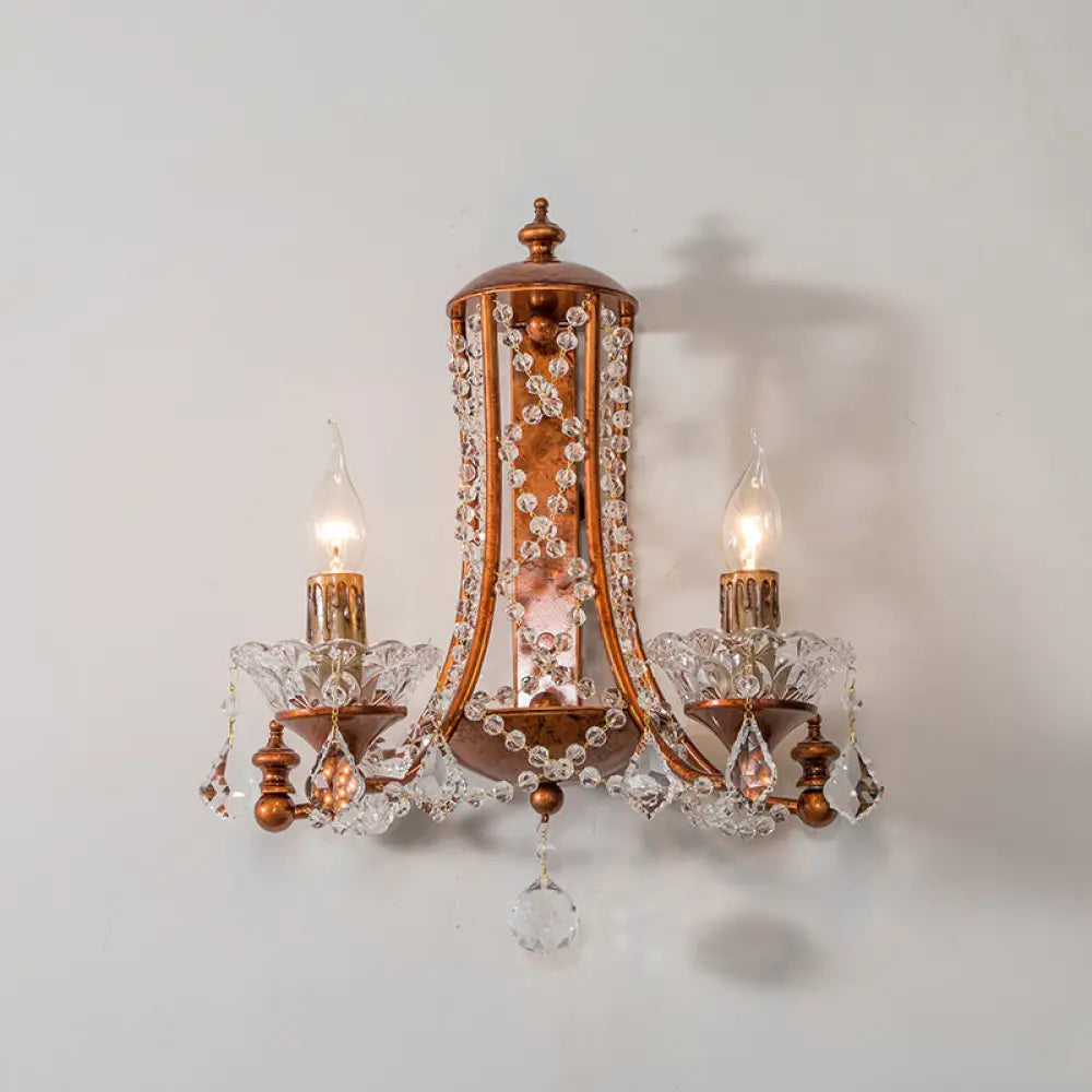 2-Head Weathered Copper Candle Wall Mount Sconce With Crystal Beaded Strand - French Country Light