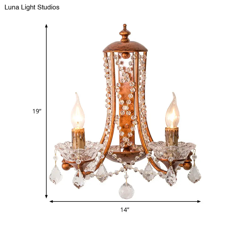 2-Head Weathered Copper Candle Wall Mount Sconce With Crystal Beaded Strand - French Country Light