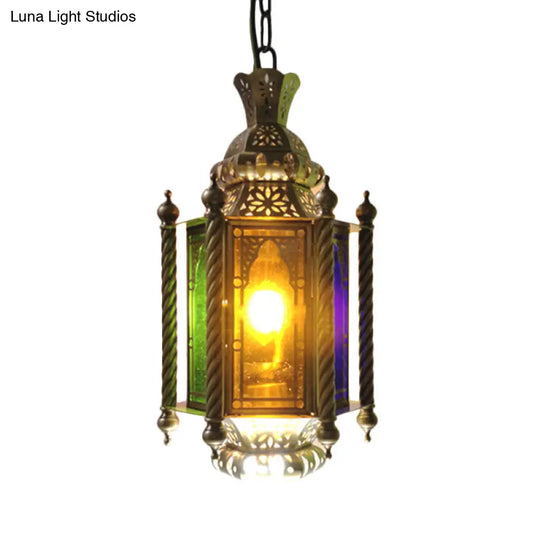 2-Heads Lantern Chandelier: Arab Brass Finish Metallic Hanging Lamp Kit With Multi-Color Glass Shade