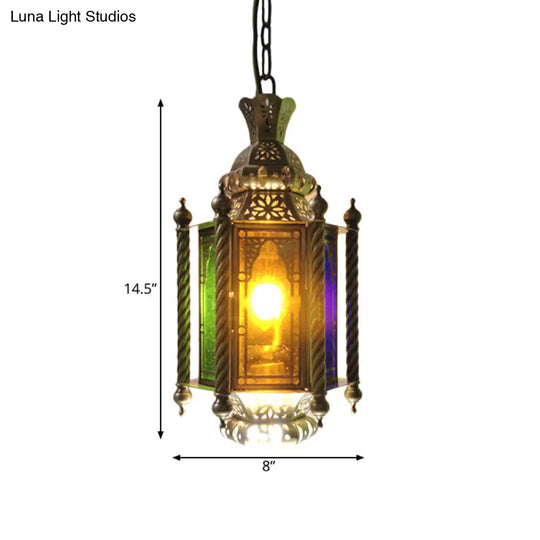 2-Heads Lantern Chandelier: Arab Brass Finish Metallic Hanging Lamp Kit With Multi-Color Glass Shade