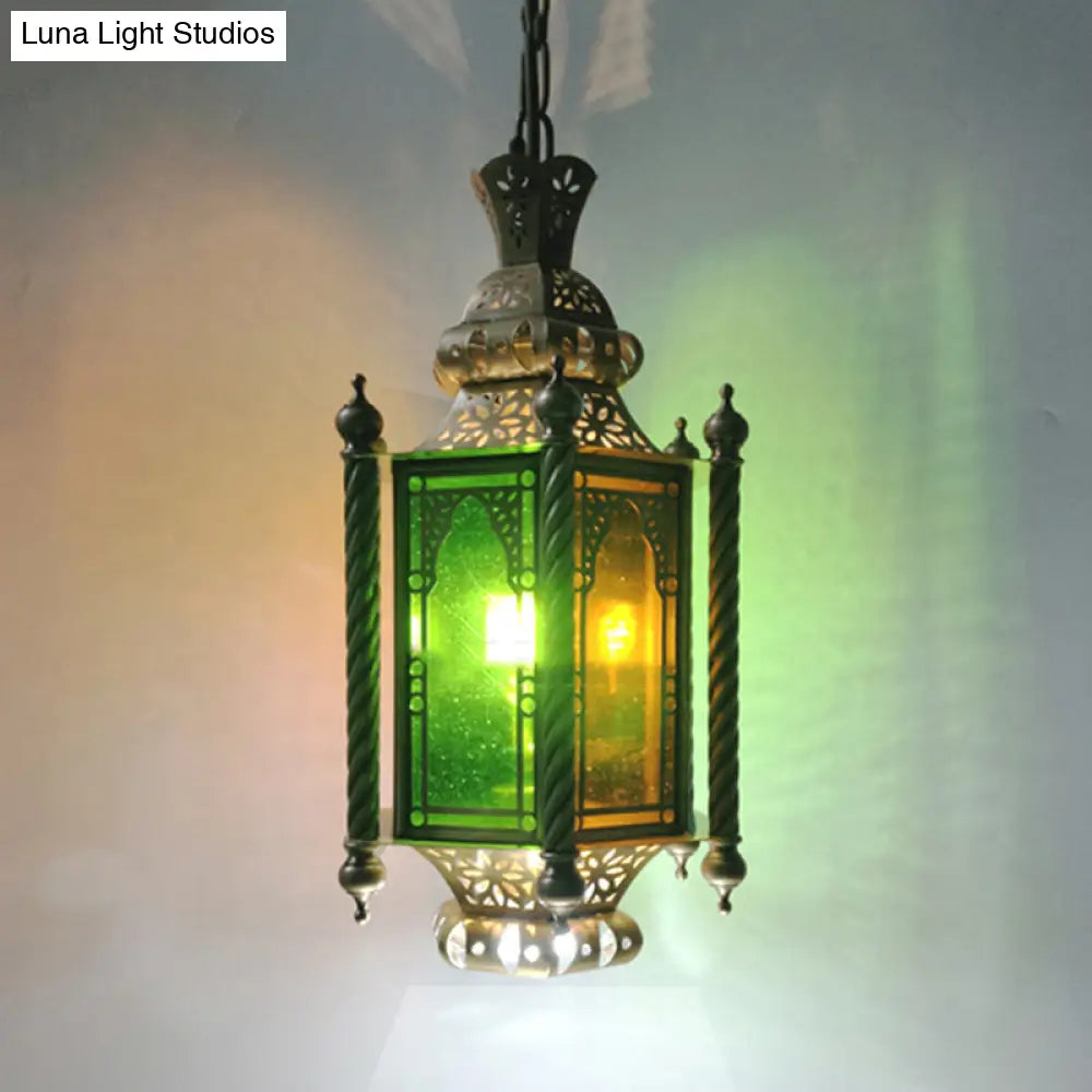 2-Heads Lantern Chandelier: Arab Brass Finish Metallic Hanging Lamp Kit With Multi-Color Glass Shade