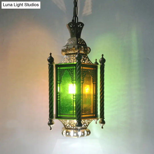 2-Heads Lantern Chandelier: Arab Brass Finish Metallic Hanging Lamp Kit With Multi-Color Glass Shade