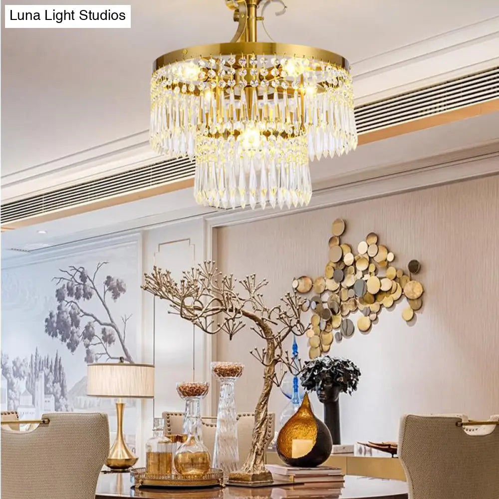 2 - Layer Semi Flush Crystal Ceiling Lamp With 6 Bulbs - Modernist Cut Brushed Brass Finish