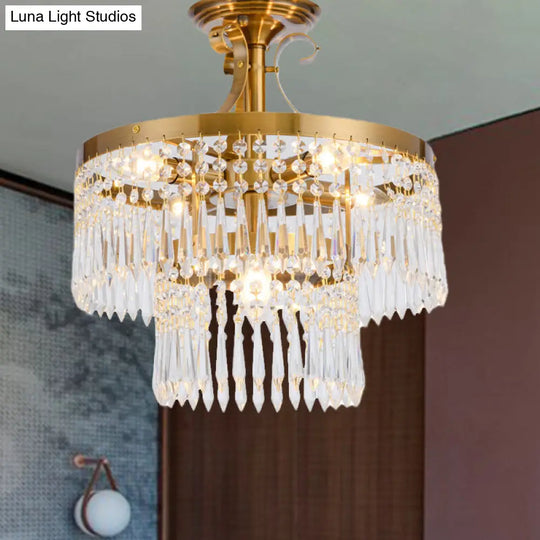 2-Layer Semi Flush Crystal Ceiling Lamp With 6 Bulbs - Modernist Cut Brushed Brass Finish