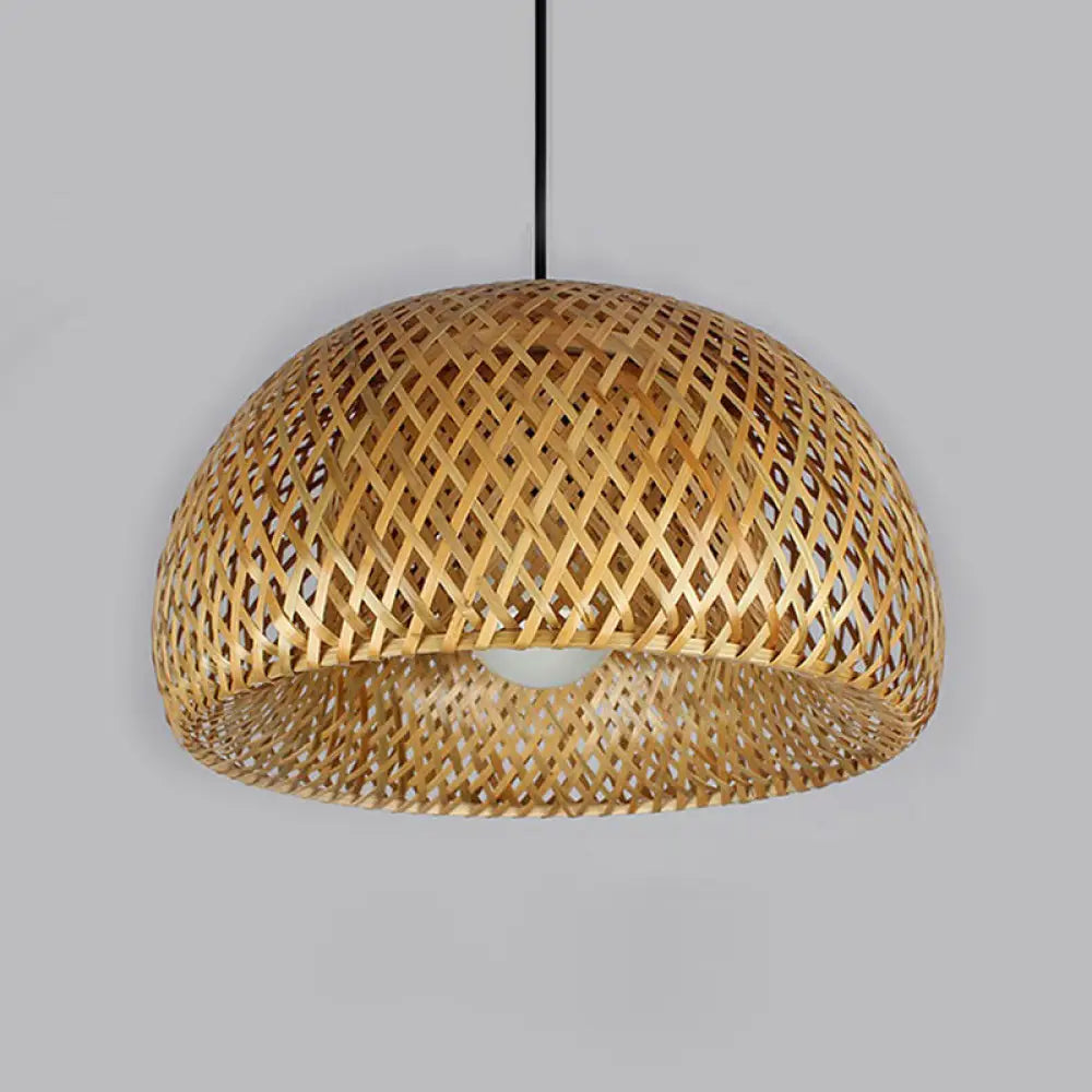 2-Layered Bamboo Dome Ceiling Pendant Light - Single-Bulb Tea Room Hang Lamp In Wood / 12’