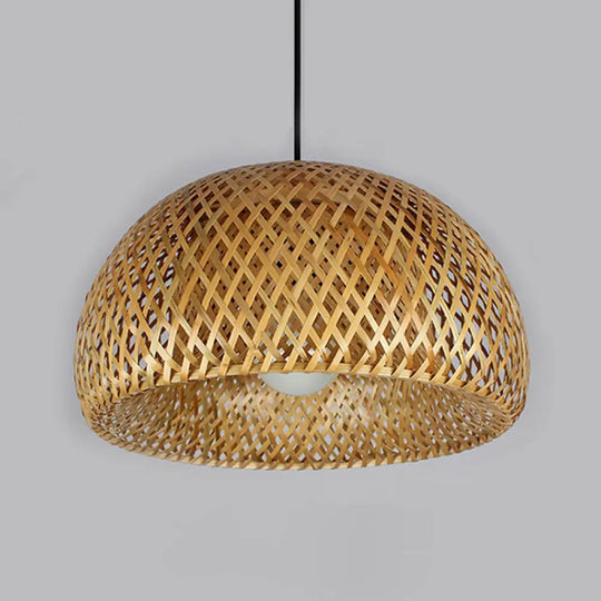 2-Layered Bamboo Dome Ceiling Pendant Light - Single-Bulb Tea Room Hang Lamp In Wood / 15’