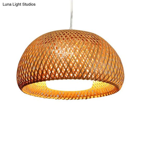 Simplicity Bamboo Dome Ceiling Pendant Light - 2-Layered Single-Bulb Tea Room Lamp In Wood