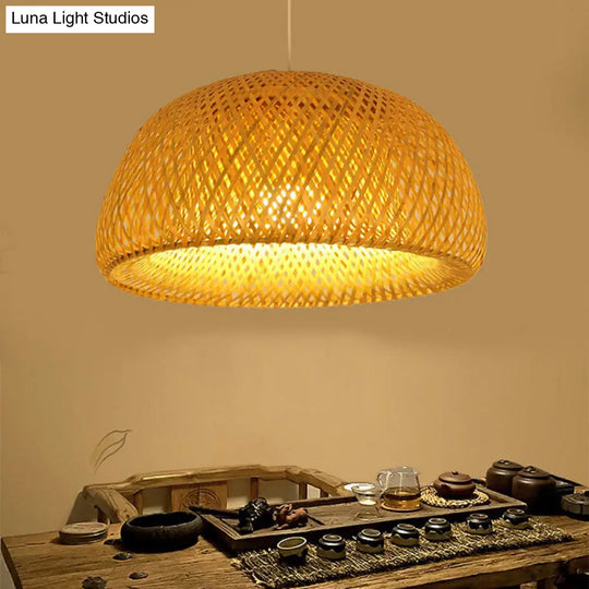 Simplicity Bamboo Dome Ceiling Pendant Light - 2-Layered Single-Bulb Tea Room Lamp In Wood