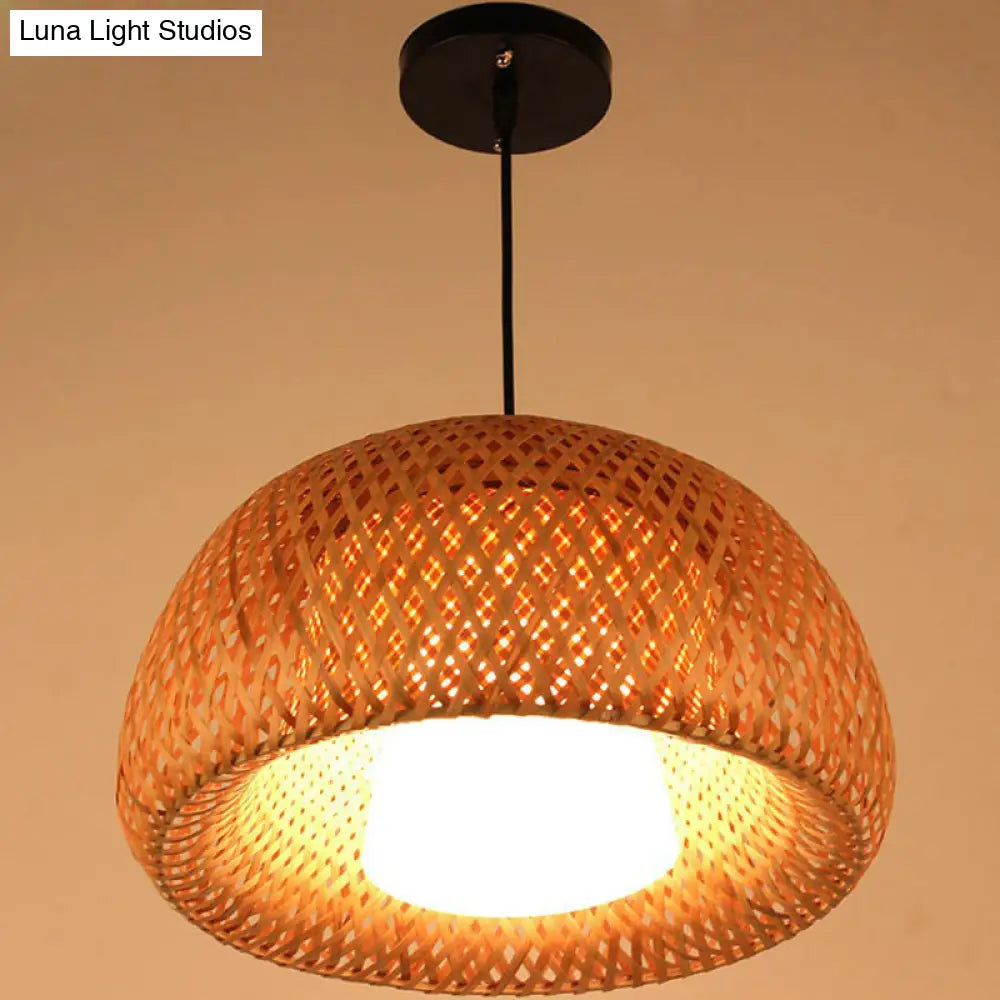 2-Layered Bamboo Dome Ceiling Pendant Light - Single-Bulb Tea Room Hang Lamp In Wood