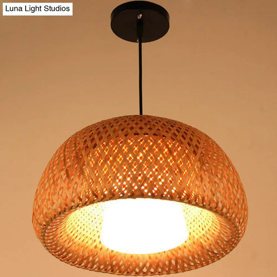 Simplicity Bamboo Dome Ceiling Pendant Light - 2-Layered Single-Bulb Tea Room Lamp In Wood