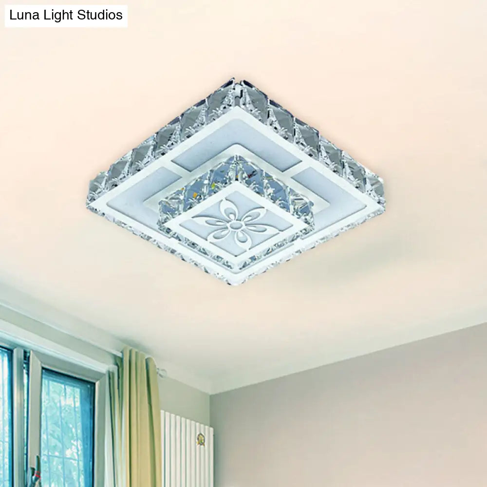 2-Layered Crystal White Flush Mount Lamp: Square Led Ceiling Light With Flower Pattern In Warm/White