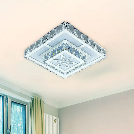 2-Layered Crystal White Flush Mount Lamp: Square Led Ceiling Light With Flower Pattern In