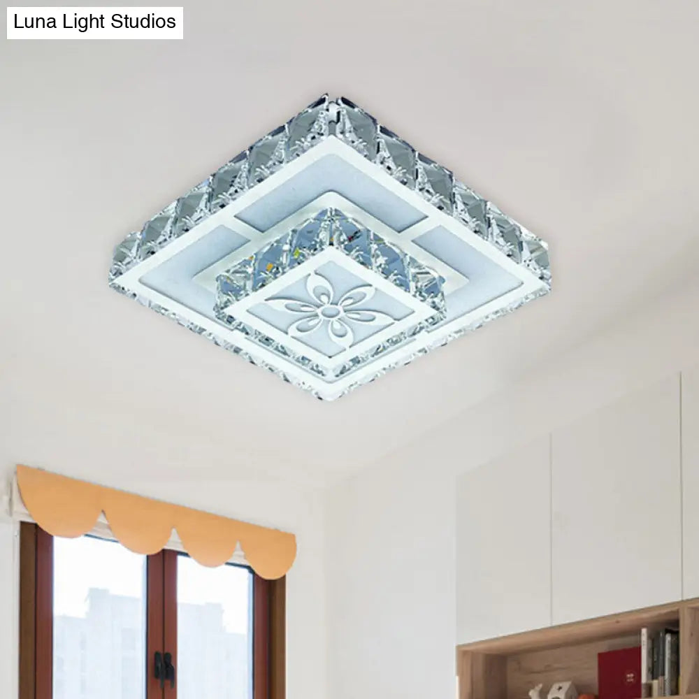 2-Layered Crystal White Flush Mount Lamp: Square Led Ceiling Light With Flower Pattern In Warm/White