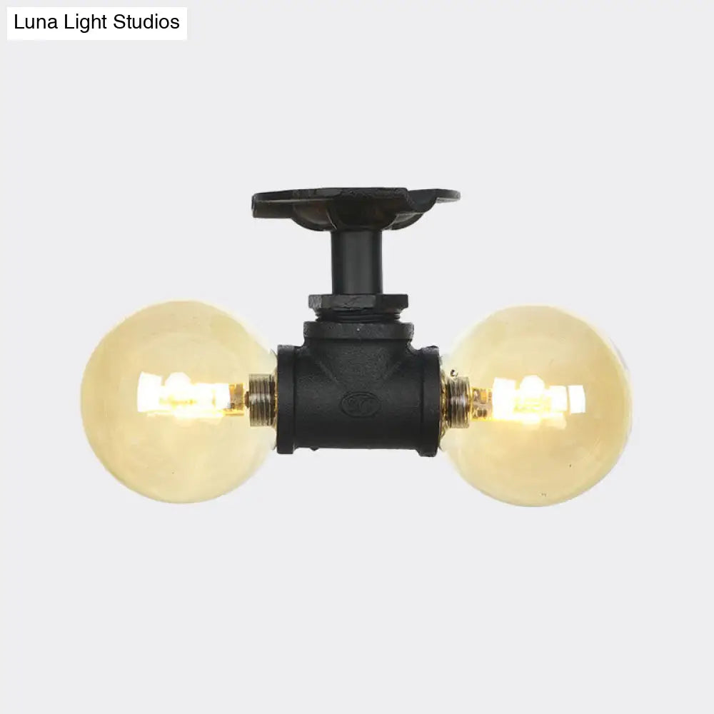 2-Light Amber Glass Semi Flush Antiqued Black Sphere Ceiling Lamp