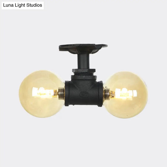 2-Light Amber Glass Semi Flush Antiqued Black Sphere Ceiling Lamp