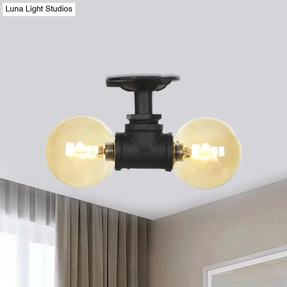 2-Light Amber Glass Semi Flush Antiqued Black Sphere Ceiling Lamp