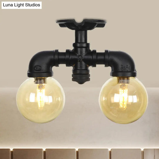 2-Light Amber Glass Semi Flush Antiqued Black Sphere Ceiling Lamp / D