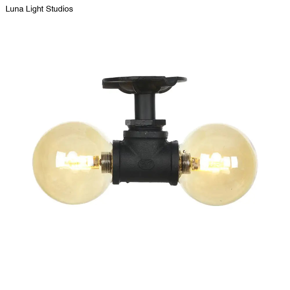 2 - Light Amber Glass Semi Flush Antiqued Black Sphere Ceiling Lamp