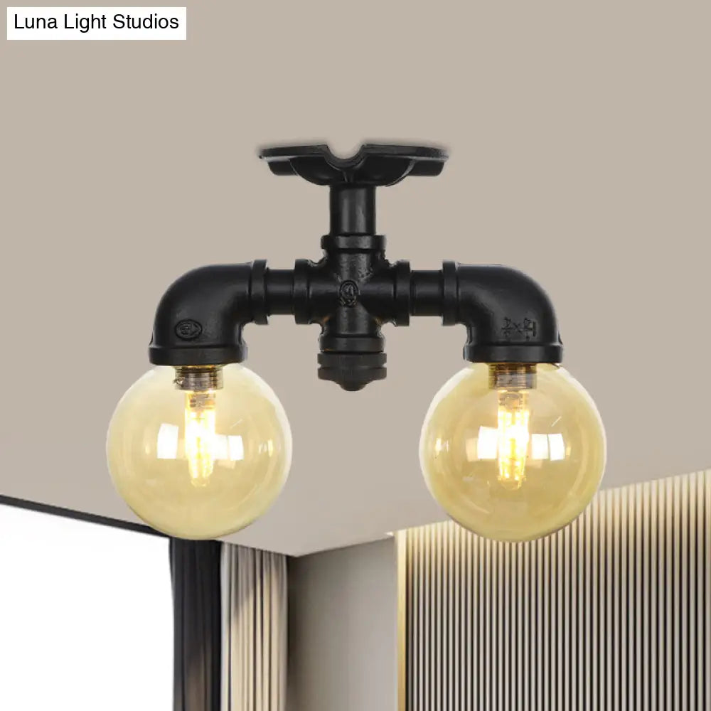 2 - Light Amber Glass Semi Flush Antiqued Black Sphere Ceiling Lamp