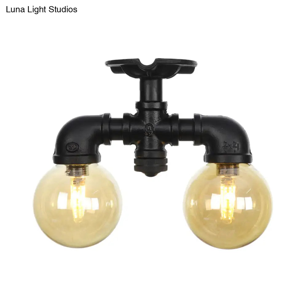 2 - Light Amber Glass Semi Flush Antiqued Black Sphere Ceiling Lamp