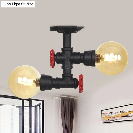 2-Light Amber Glass Semi Flush Antiqued Black Sphere Ceiling Lamp / B