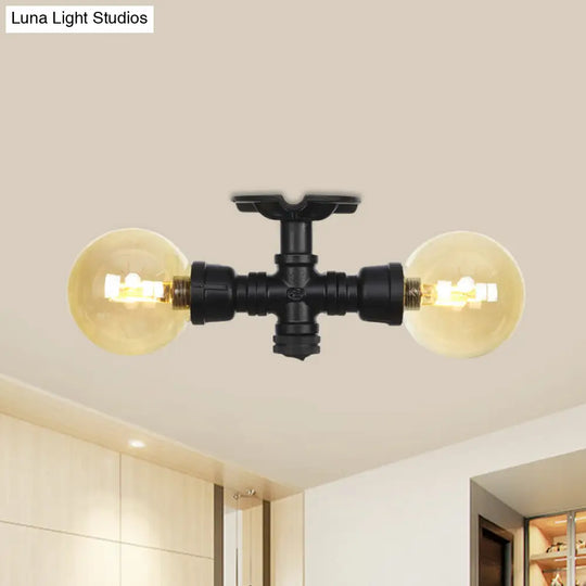 2-Light Amber Glass Semi Flush Antiqued Black Sphere Ceiling Lamp / A