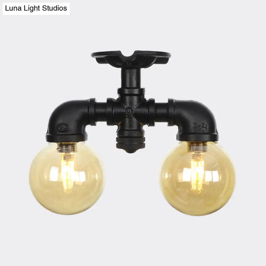 2-Light Amber Glass Semi Flush Antiqued Black Sphere Ceiling Lamp