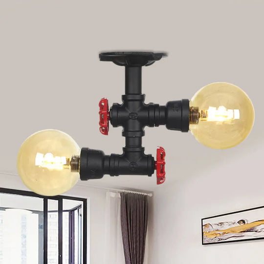 2 - Light Amber Glass Semi Flush Antiqued Black Sphere Ceiling Lamp / B