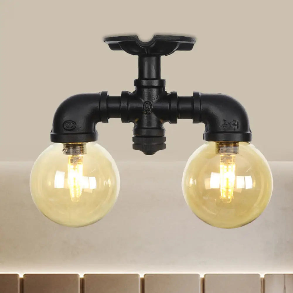 2 - Light Amber Glass Semi Flush Antiqued Black Sphere Ceiling Lamp / D