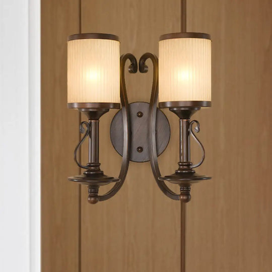 2-Light Brown Wall Sconce With Frosted Prismatic Glass