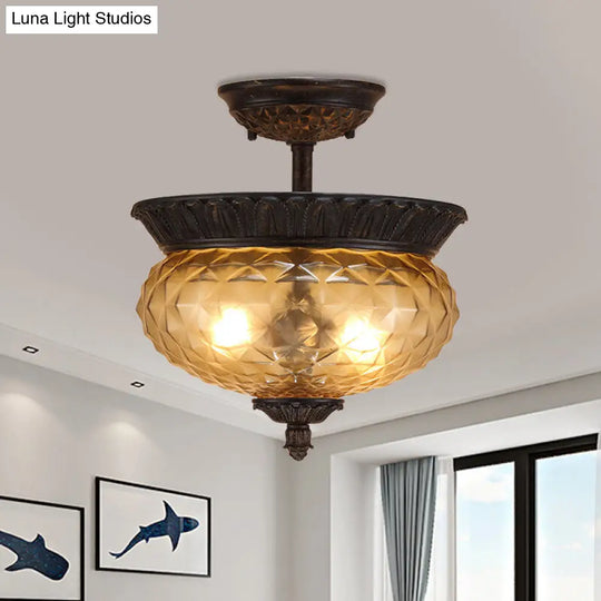 2-Light Countryside Black Semi Flush Ceiling Light With Prismatic Glass - Ideal For Dining Room