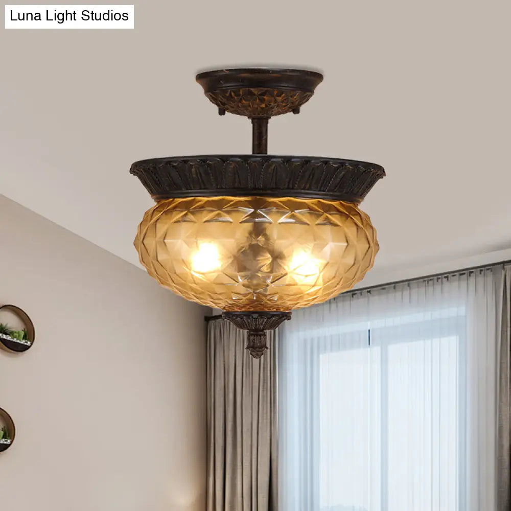 2 - Light Countryside Black Semi Flush Ceiling Light With Prismatic Glass - Ideal For Dining Room