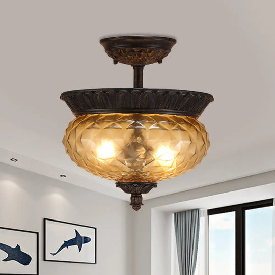 2 - Light Countryside Black Semi Flush Ceiling Light With Prismatic Glass - Ideal For Dining Room