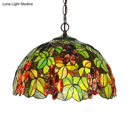 Tiffany Stained Glass Chandelier - 2-Light Domed Ceiling Pendant In Red/Green/Purple Green