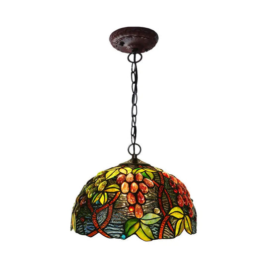 2-Light Domed Ceiling Chandelier With Stained Glass Tiffany Pendant Lighting In Red Green And Purple