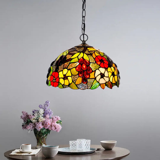 2-Light Domed Ceiling Chandelier With Stained Glass Tiffany Pendant Lighting In Red Green And Purple