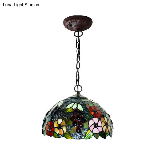 Tiffany Stained Glass Chandelier - 2-Light Domed Ceiling Pendant In Red/Green/Purple