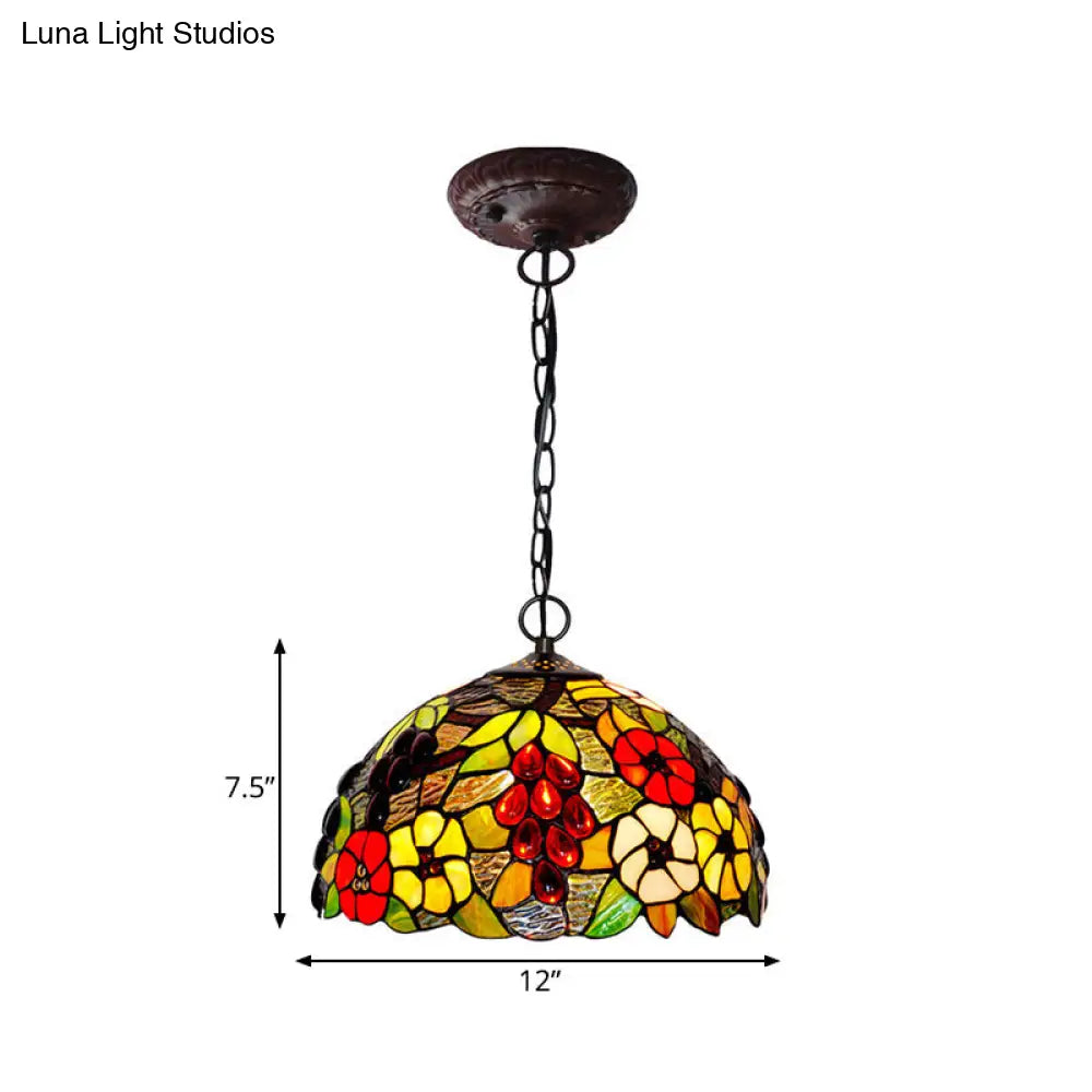 Tiffany Stained Glass Chandelier - 2-Light Domed Ceiling Pendant In Red/Green/Purple