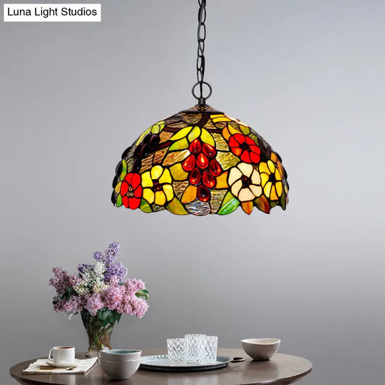 Tiffany Stained Glass Chandelier - 2-Light Domed Ceiling Pendant In Red/Green/Purple Red