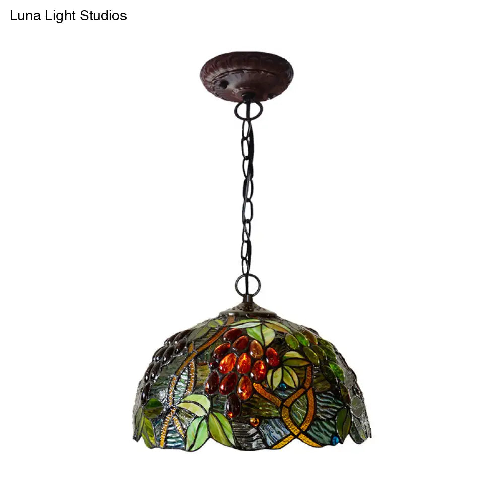 2-Light Domed Ceiling Chandelier With Stained Glass Tiffany Pendant Lighting In Red Green And Purple