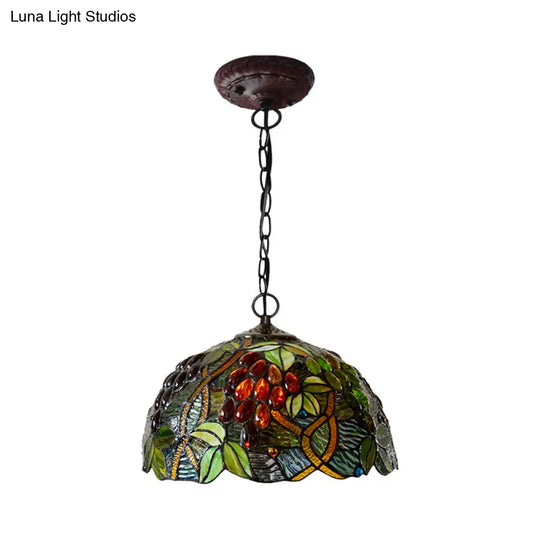 2-Light Domed Ceiling Chandelier With Stained Glass Tiffany Pendant Lighting In Red Green And Purple