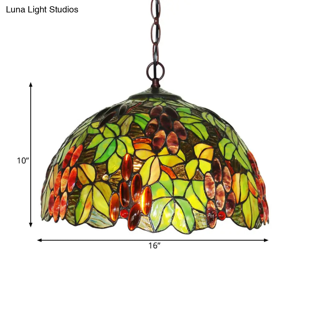 2-Light Domed Ceiling Chandelier With Stained Glass Tiffany Pendant Lighting In Red Green And Purple