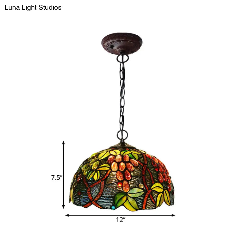 2-Light Domed Ceiling Chandelier With Stained Glass Tiffany Pendant Lighting In Red Green And Purple