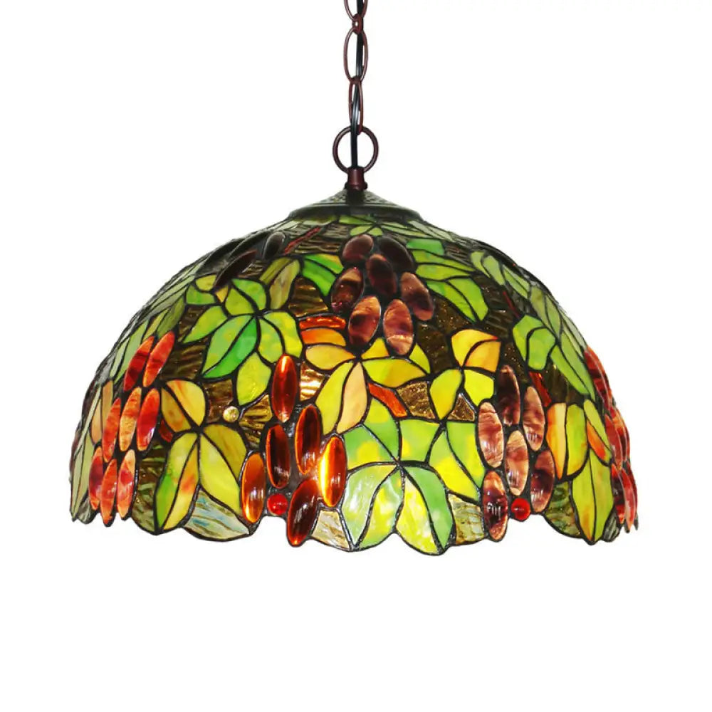 2-Light Domed Ceiling Chandelier With Stained Glass Tiffany Pendant Lighting In Red Green And Purple