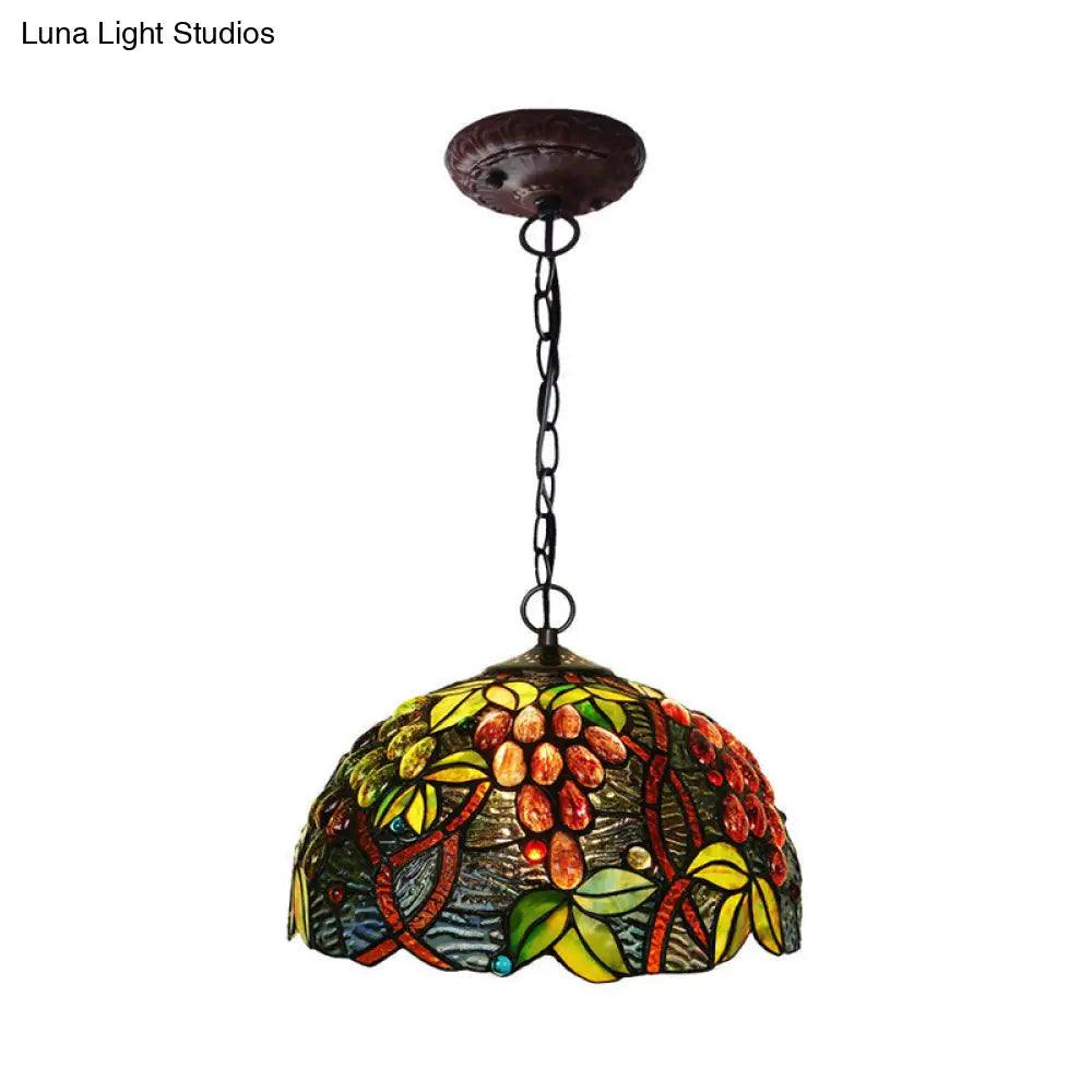 Tiffany Stained Glass Chandelier - 2-Light Domed Ceiling Pendant In Red/Green/Purple Purple