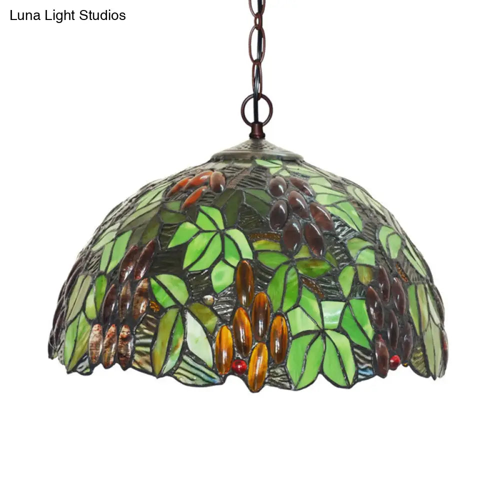 2-Light Domed Ceiling Chandelier With Stained Glass Tiffany Pendant Lighting In Red Green And Purple